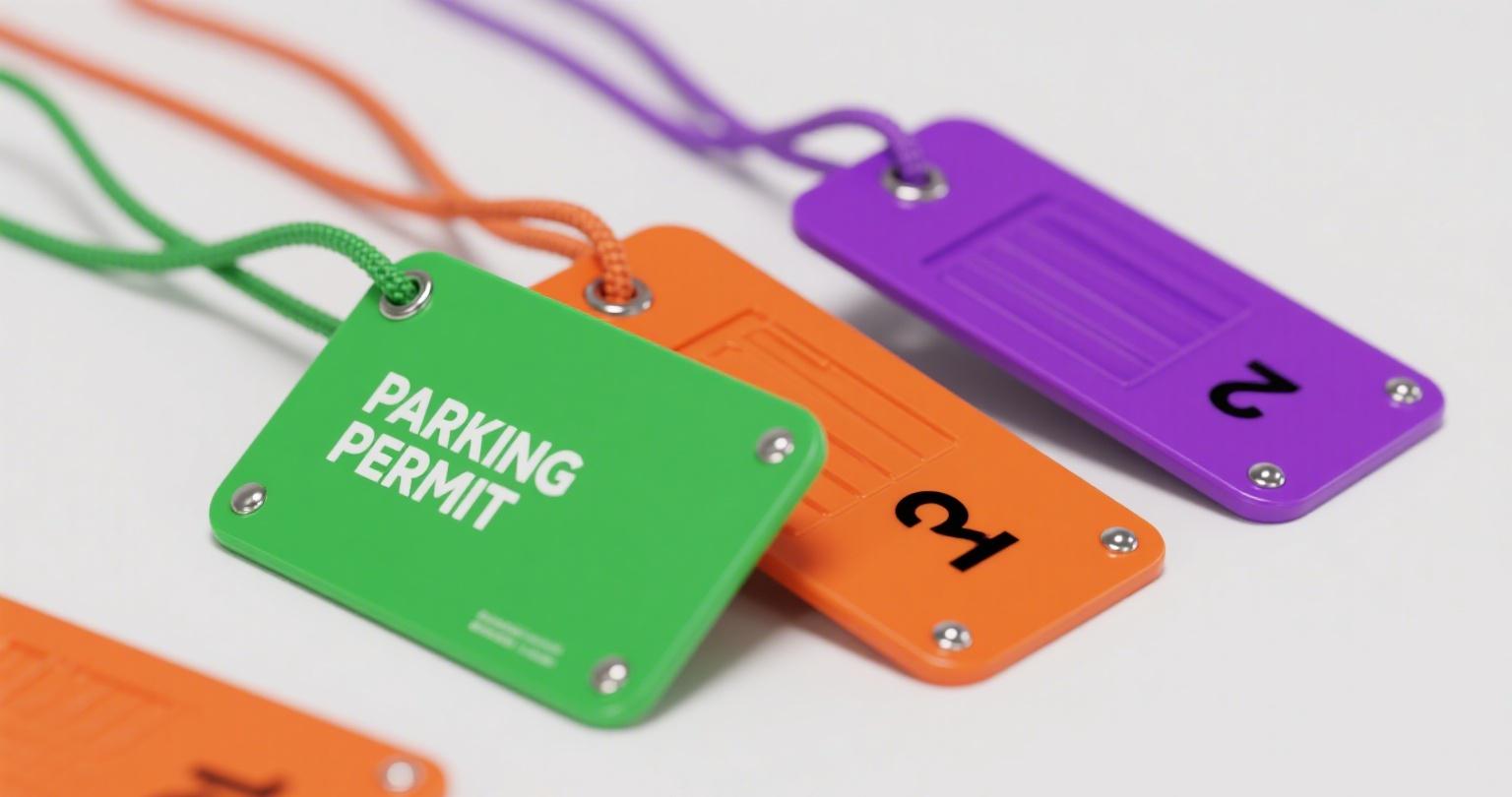 Colorful parking permit hang tags on cars